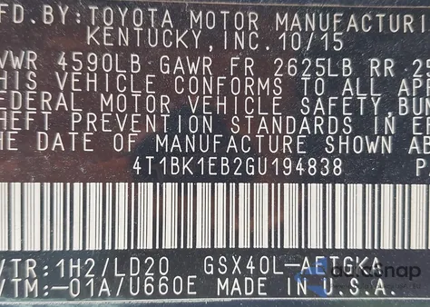 2016 Toyota Avalon Xle from USA, damaged, VIN 4T1BK1EB2GU194838